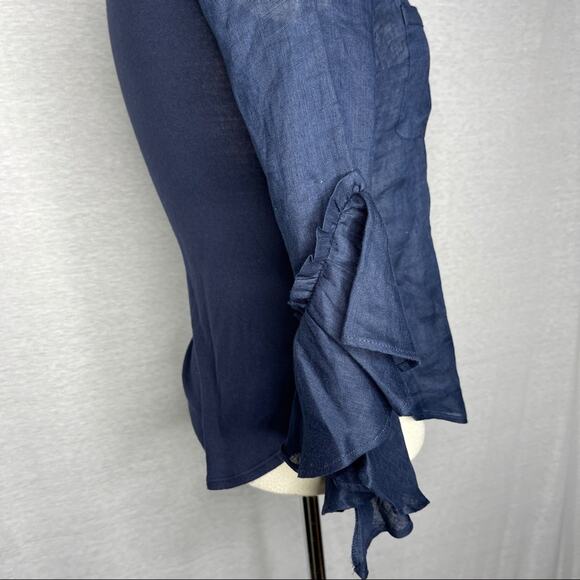 K). INC Ruffles Half arm length Sleeve V-neck Blouse Blue Petite NWT - Picture 7 of 12